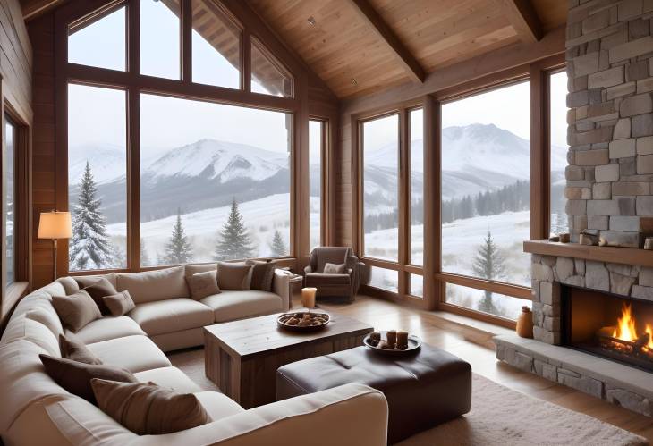 Elegant Living Room with a Fireplace, Cozy Cushions, and a Large Window Overlooking a Snowy Scene