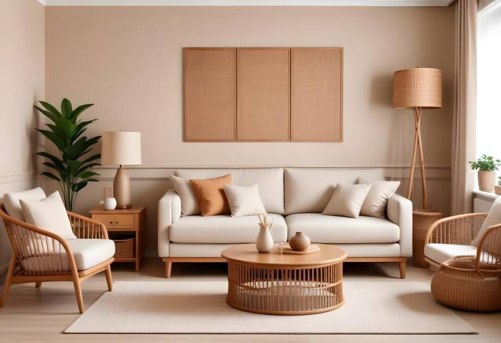 Elegant Living Room with Beige Sofa, Wooden Coffee Table, Rattan Sideboard, and Armchair