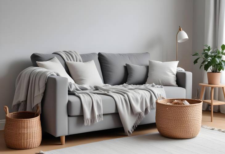 Elegant Living Room with Grey Sofa, Basket of Soft Blanket, and Light Modern Decor