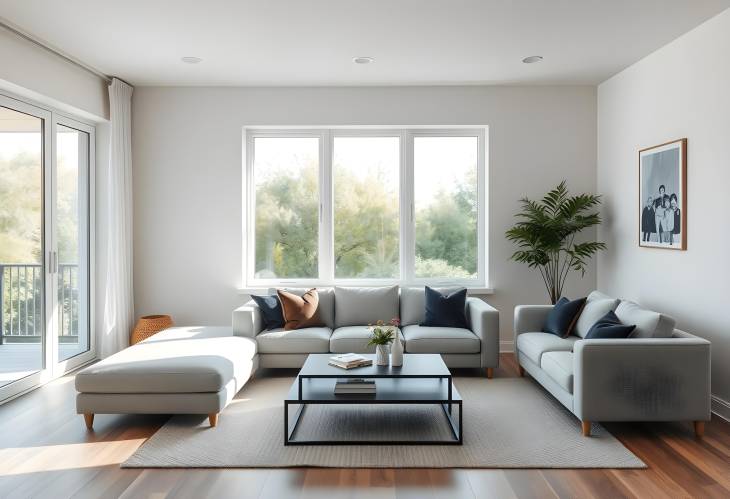 Elegant living room with grey sofa, coffee table, and big window, creating a bright, cozy atmospher