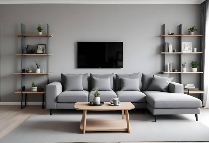 Elegant living room with grey sofa, coffee table, and shelf units, creating a bright, inviting spac