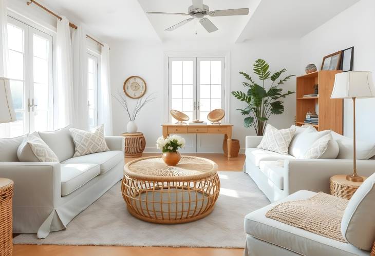 Elegant living room with sofas, rattan table, and soft carpet, creating a bright and serene space