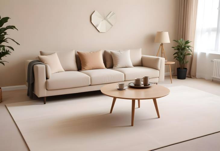 Elegant Living Room with Soft Beige Carpet, Coffee Table, and Sofa  Interior Design from Low Angle