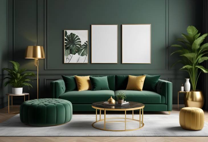 Elegant Luxury Living Room with Green Velvet Sofa, Gold Decor, and Modern Design Elements