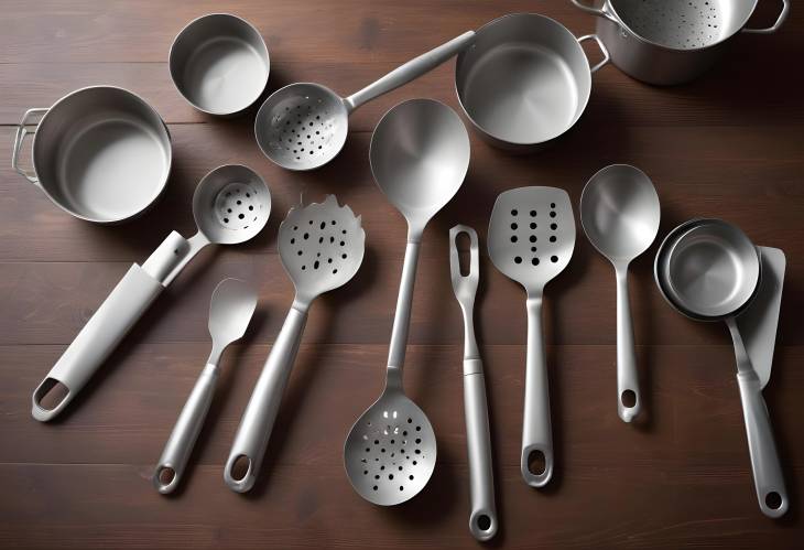 Elegant Metal Cooking Utensils Displayed on a Rustic Table