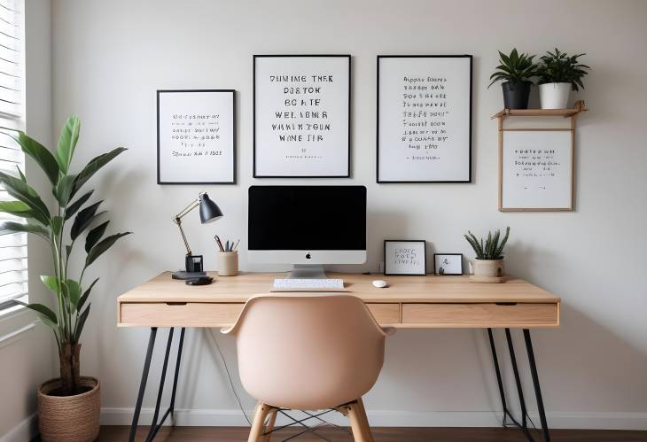 Elegant Minimalist Desk Setup with Modern Laptop and Inspirational Quotes Wall Decor