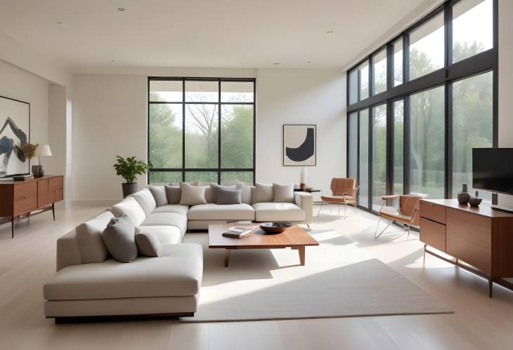 Elegant Minimalist Interior Design Featuring Modern Furniture, Clean Lines, and Natural Light Flood