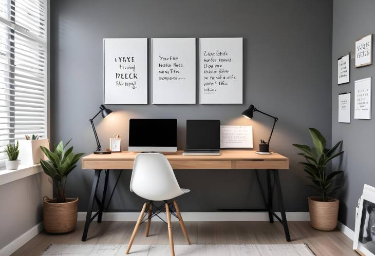 Elegant Minimalist Work Desk with Modern Laptop and Motivational Quotes Wall Decor