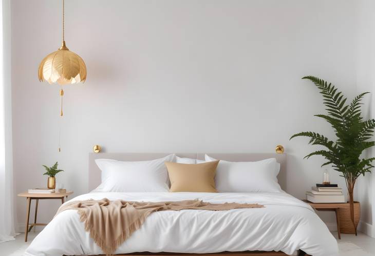 Elegant Modern Bedroom with Bulb Lamp on Rope, White Bed, Books, and Gold Fern Leaf on End Table