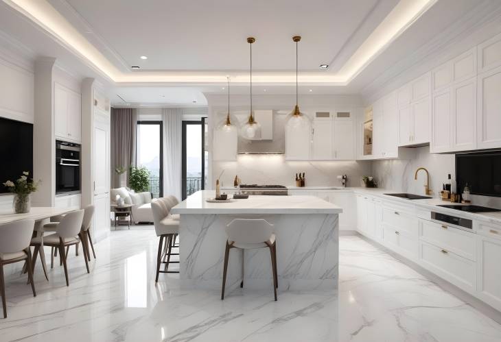 Elegant Modern Home with White Marble Kitchen Open Dining and Living Areas in Luxury Style