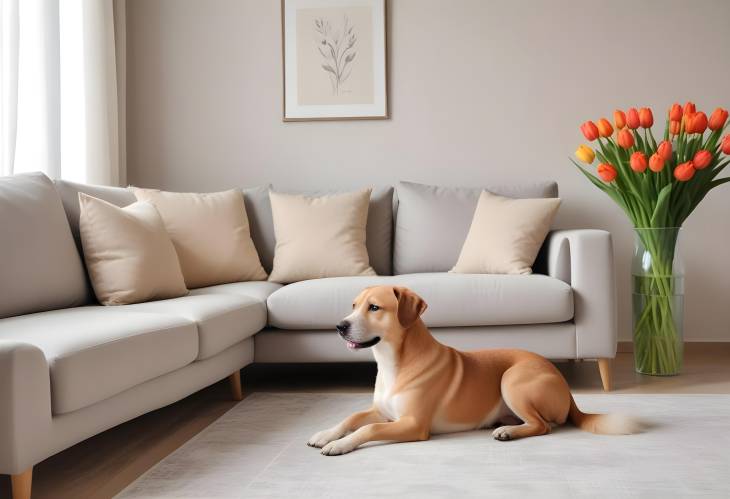 Elegant Modern Living Room with Light Sofa, Tulips, and Dog Stylish and Cozy Interior Design