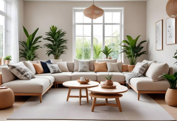 Elegant Modern Living Room with Modular Sofa, Wooden Tables, Plaid, and Tropical Plants