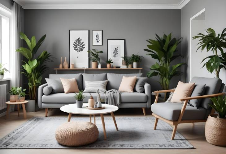 Elegant Modern Scandinavian Living Room Grey Sofa, Armchair, Plants, Coffee Table, Carpet