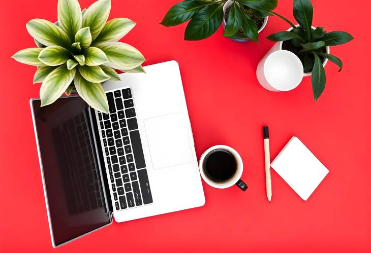 Elegant Office Scene Coffee and Laptop on Red Paper