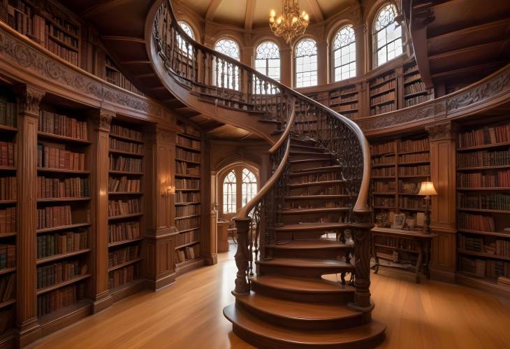 Elegant Old World Library with Grand Spiral Staircase, Antique Books, and Ornate Wooden Shelves