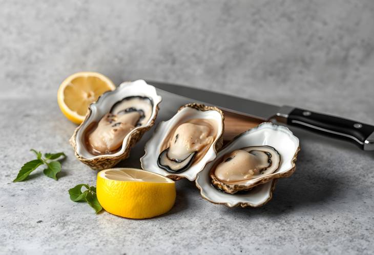 Elegant Open Oysters with Lemon and Knife on Concrete Background