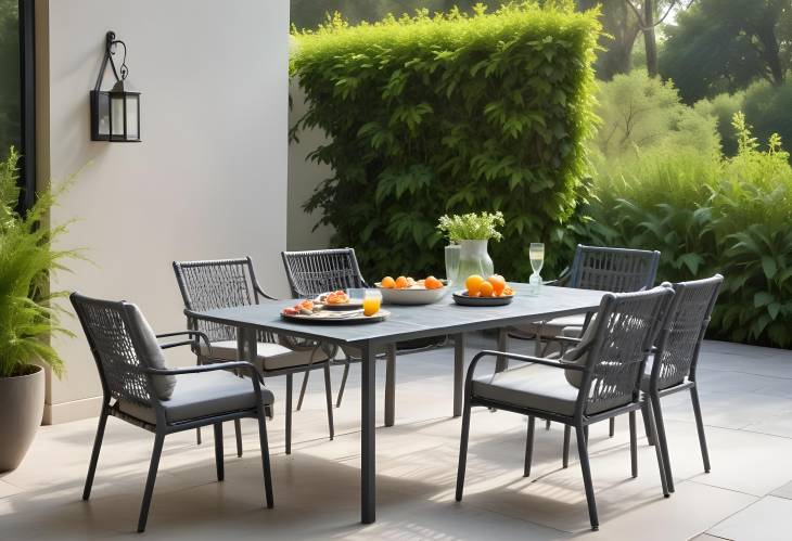 Elegant Outdoor Dining in a Lush Garden Slate Gray Aluminum Table with Woven Rope Chairs