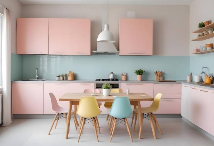 Elegant Pastel Dining Area Modern Table and Chairs in Minimalist Kitchen Interior