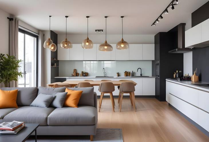 Elegant Pendant Lights Hanging in Modern Kitchen, Cushions on Sofa in Living Room