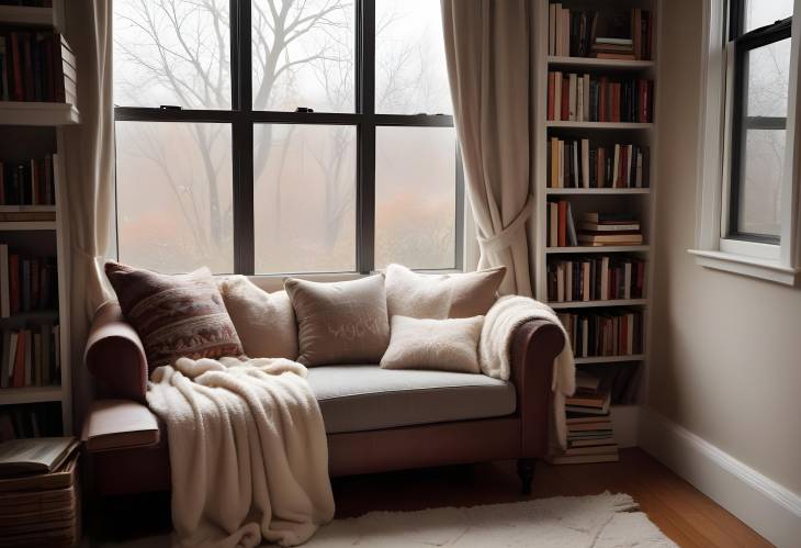 Elegant Reading Nook Featuring Plush Chair, Stacked Books, Cozy Blanket, and Rainy Window View