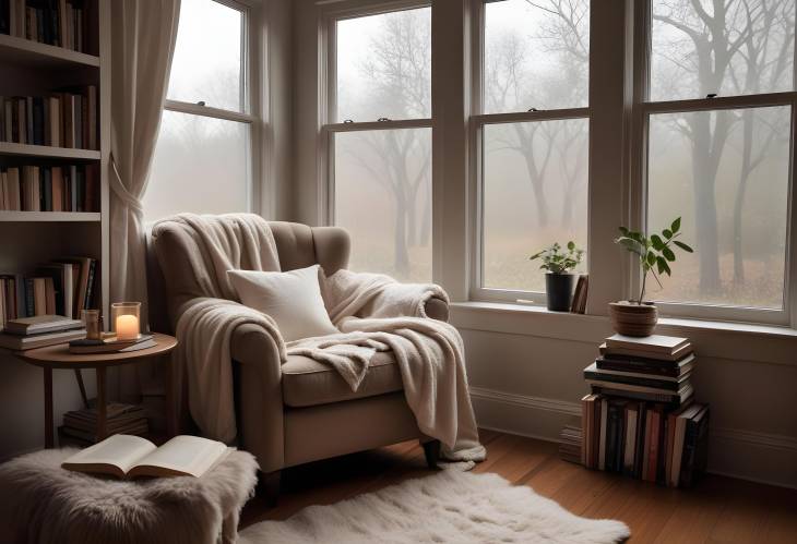 Elegant Reading Nook with Soft Chair, Bookshelf, Cozy Blanket, and Window Displaying a Rainy Scene