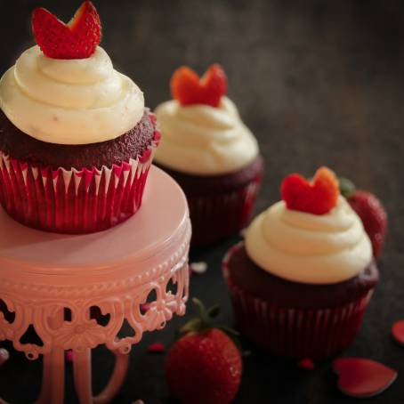 Elegant Red Velvet Cupcakes with Heart Decorations for Valentines Day