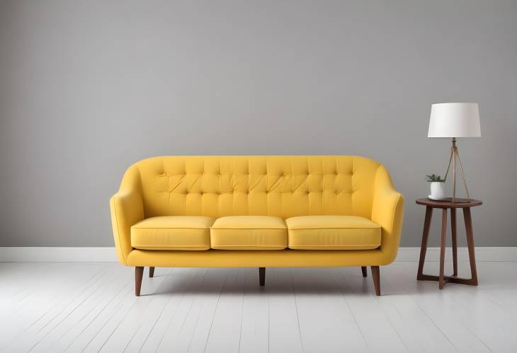 Elegant Retro Yellow Sofa with Wooden Legs, Isolated on White Background