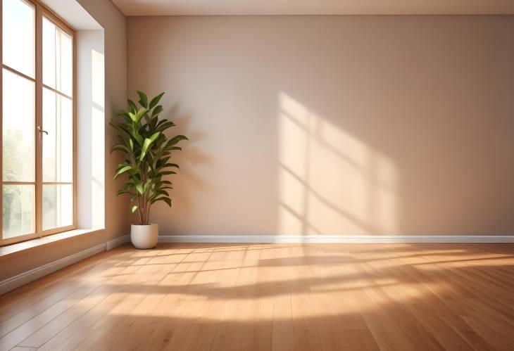 Elegant Room with Sunlight and Leaf Shadows Cozy Empty Space Background on Wooden Parquet Floor