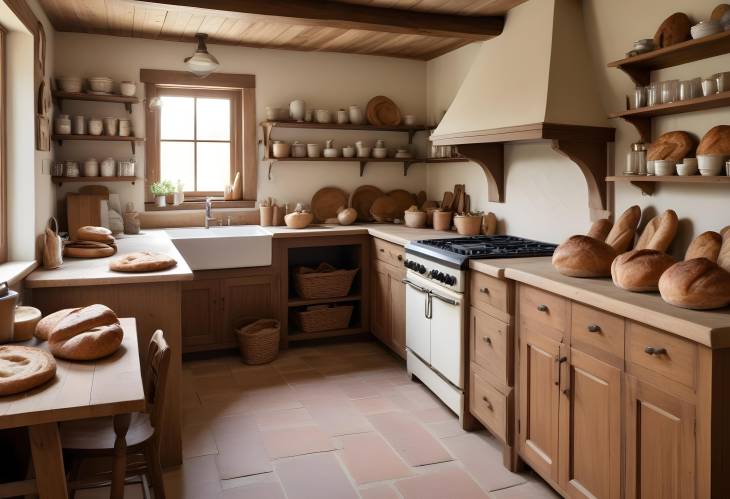 Elegant Rustic Farmhouse Kitchen with Wooden Cabinets, Fresh Bread, and a Cozy Hearth Atmosphere