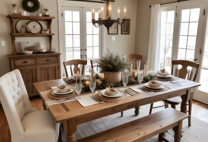 Elegant Rustic Farmhouse Table with Cozy Dinnerware and Warm Decor for a Memorable Family Dinner