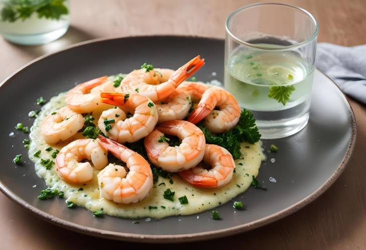 Elegant Sauteed Shrimp with Garlic, Parsley, Anchovy Butter, and Sparkling Water  Hard Light