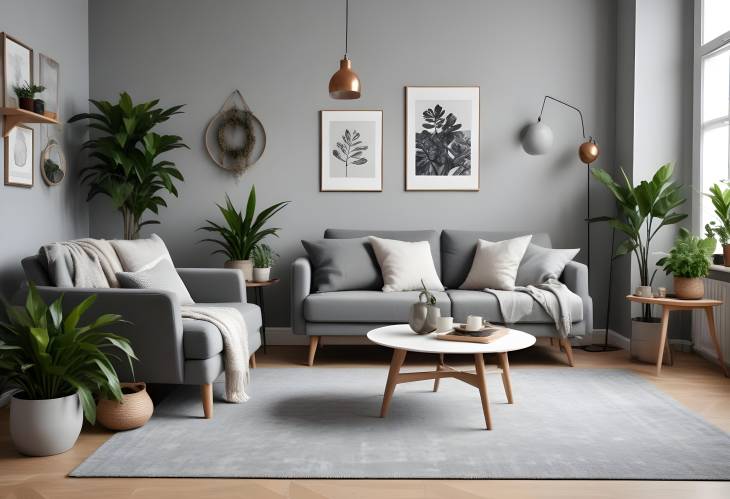 Elegant Scandinavian Living Room with Grey Sofa, Armchair, Plants, Coffee Table, and Carpet Modern