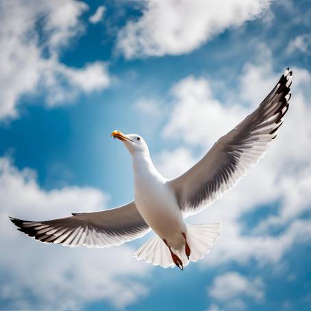 Elegant Seagull Flying Against a Clear Blue Sky  Captivating Bottom Up View of a Bird