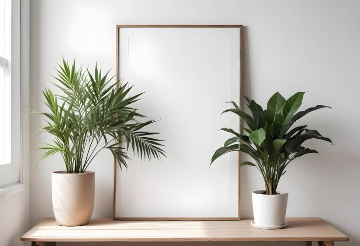 Elegant Simple Frame Mockup Poster on White Wall with Plant 20RP Sizes, Window Light and shadows