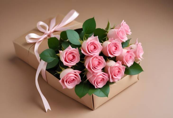 Elegant Small Pink Roses Bouquet in Craft Paper with Ribbon and Bow, Isolated