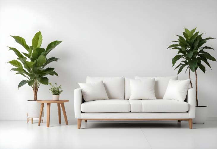 Elegant Sofa and Armchair with Green Plant on White Background, Front View