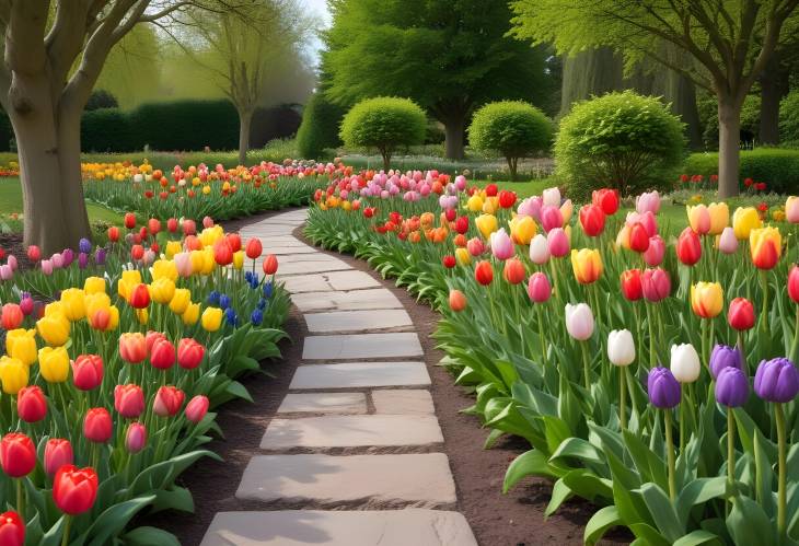 Elegant Spring Garden Featuring Colorful Tulips Flowerbeds and Stone Pathway