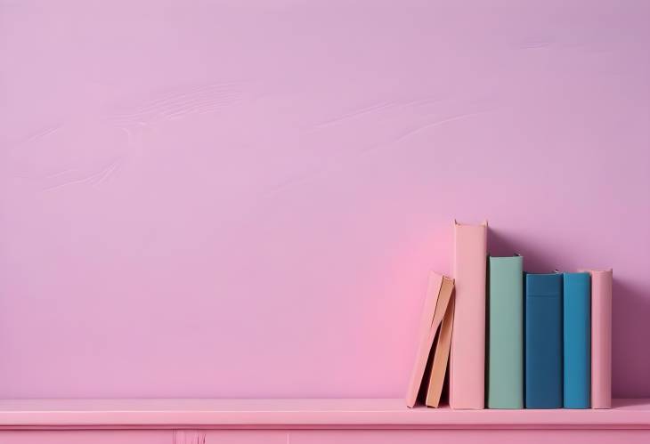 Elegant Stack Books on a Blue Shelf with a Soft Pink Wall Background