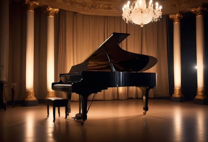 Elegant Stage with Backstage, Decorative Columns, and an Old Grand Piano Illuminated by Lights