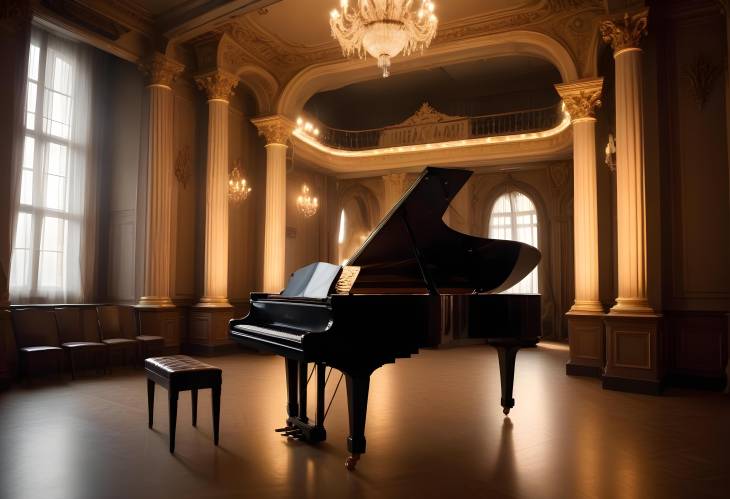 Elegant Stage with Old Grand Piano, Decorative Columns, and Backstage Lighting