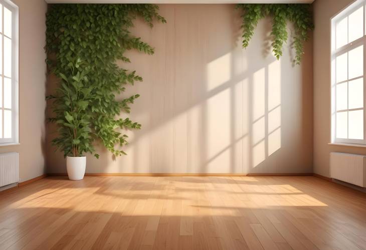 Elegant Summer Room with Sunlight and Leaf Shadows Empty Space Background on Wooden Parquet Floor 