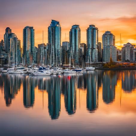 Elegant Sunset View of Vancouver Skyline, Downtown British Columbia, Canada