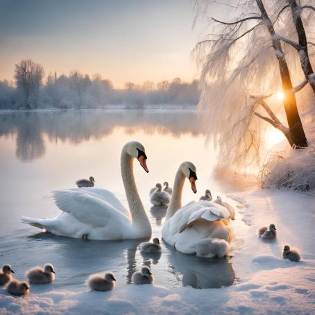 Elegant Swans Family in Winter Lake Sunrise with White Swans and Grey Chicks on Frosty Water