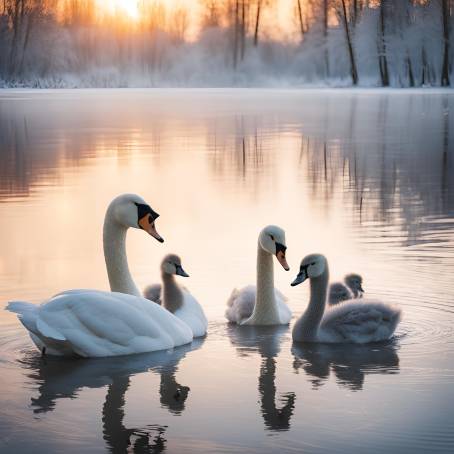 Elegant Swans Family in Winter Lake White Swan and Grey Chicks at Sunrise with Snowy Frosty Back