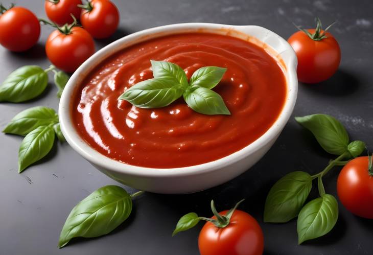 Elegant Tomato Sauce with Basil Leaf Isolated Perfect for Gourmet Recipes and Food Photography