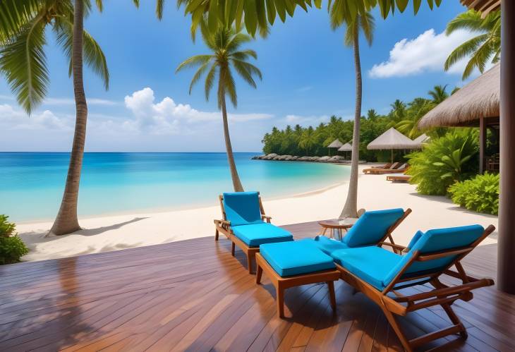 Elegant Tropical Beachfront with Private Villa, Deck Chairs, Loungers, and a Stunning Blue Sky