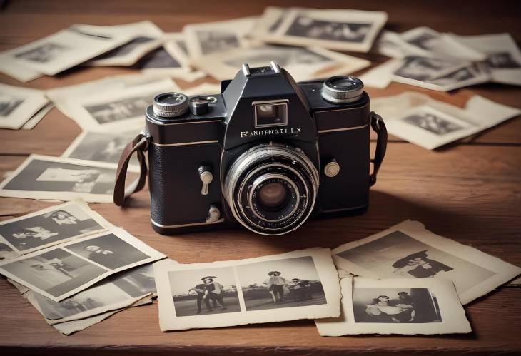 Elegant Vintage Camera on Wooden Table with Surrounded Old Photos Retro Charm