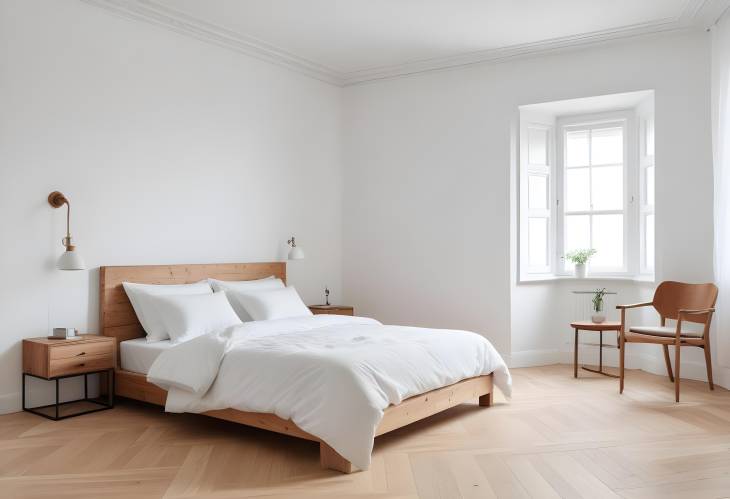 Elegant White Bedroom with Wooden Parquet Flooring and Minimalist Design