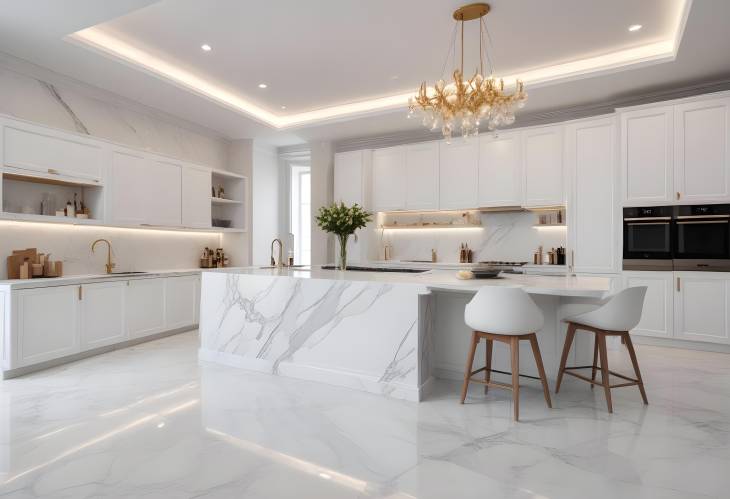 Elegant White Marble Kitchen and Open Living Dining Areas Modern Home with Luxurious Touches