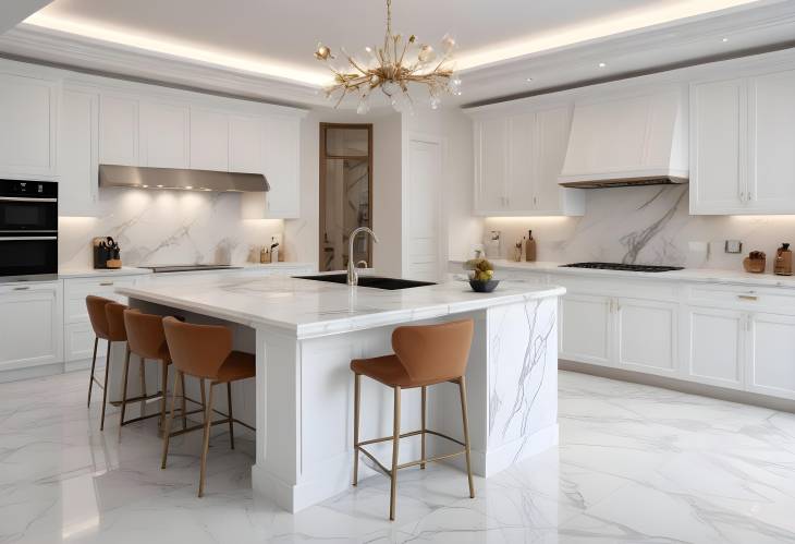 Elegant White Marble Kitchen with Modern Living and Dining Areas Luxury Home Interior Design